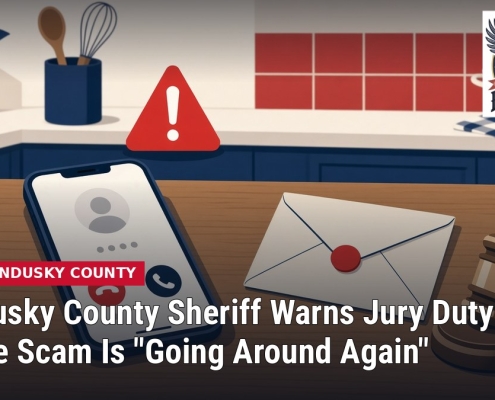 Fostoria News Sandusky County Sheriff warns about jury duty phone scam with warning icon.